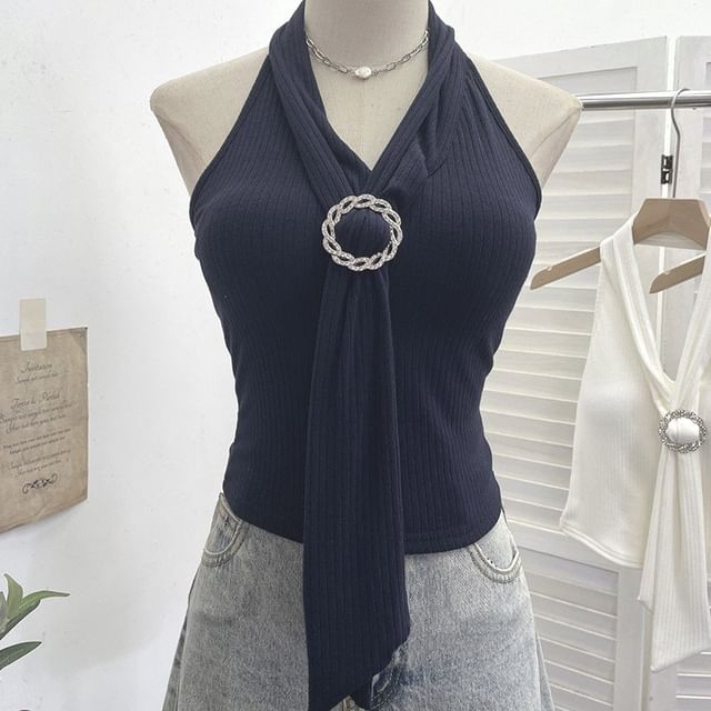 Allinya-Halter-Neck Plain Ribbed Buckled Knit Top