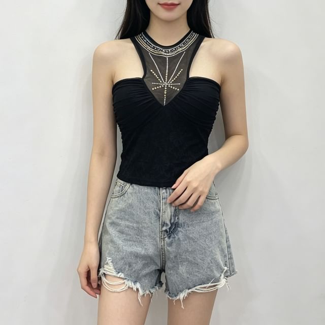 Allinya-Halter Neck Plain Sheer Panel Lace Camisole Top