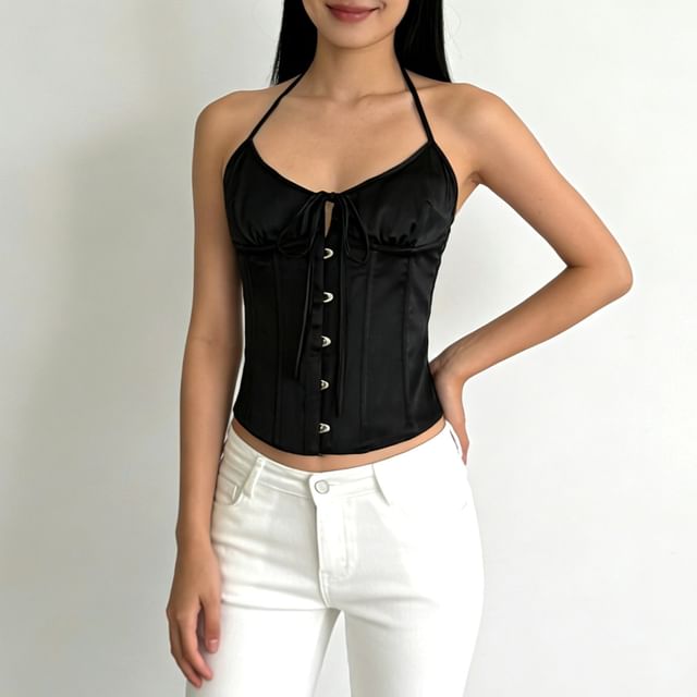 Allinya-Halter Neck Plain Tie Front Open Back Crop Corset Top