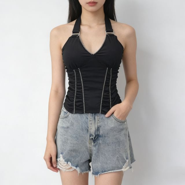 Allinya-Halter-Neck Zip Detail Plain Top