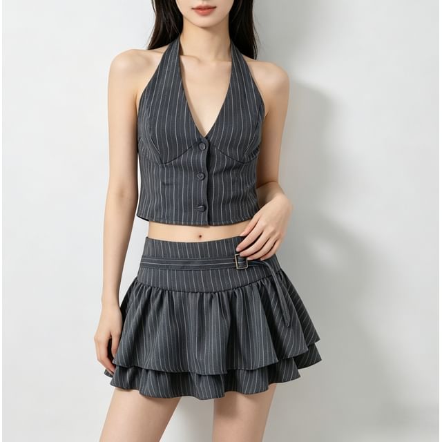 Allinya-Halter V-Neck Pinstriped Button-Up Open Back Crop Vest Mid Rise Layered Mini A-Line Skirt