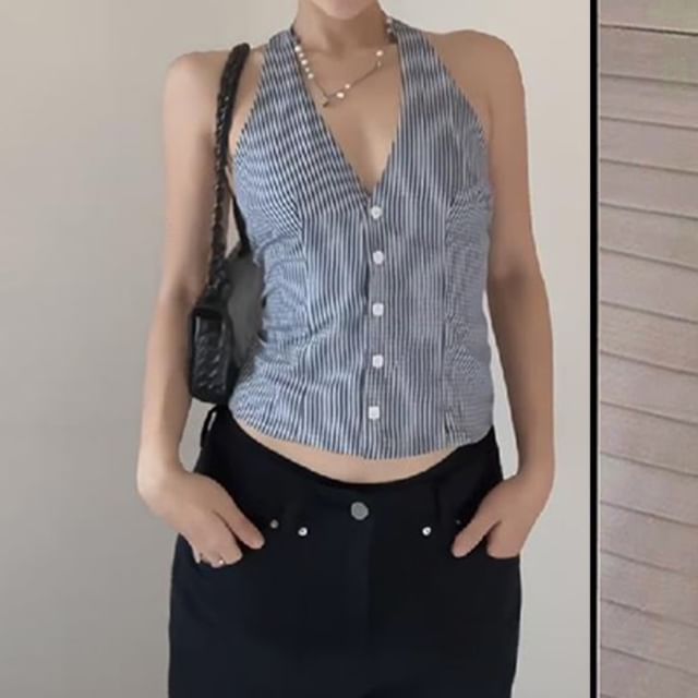 Allinya-Halter V-Neck Plaid Button Top