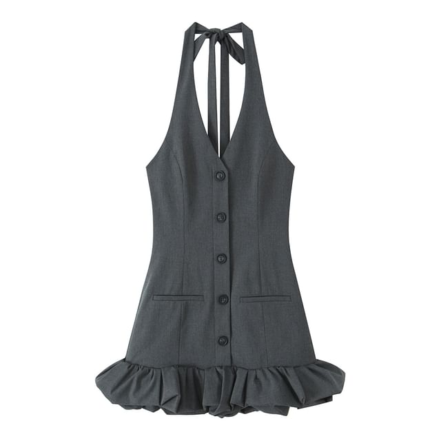 Allinya-Halter V-Neck Plain Ruffle Trim Mini A-Line Dress