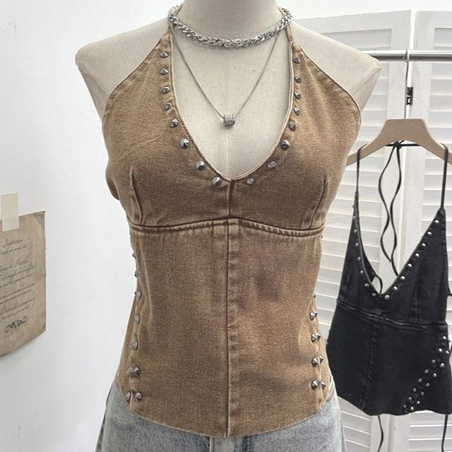 Allinya-Halter V-Neck Washed Denim Studded Cami Top