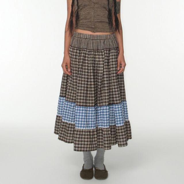 Allinya-High Rise Plaid Panel Maxi A-Line Skirt