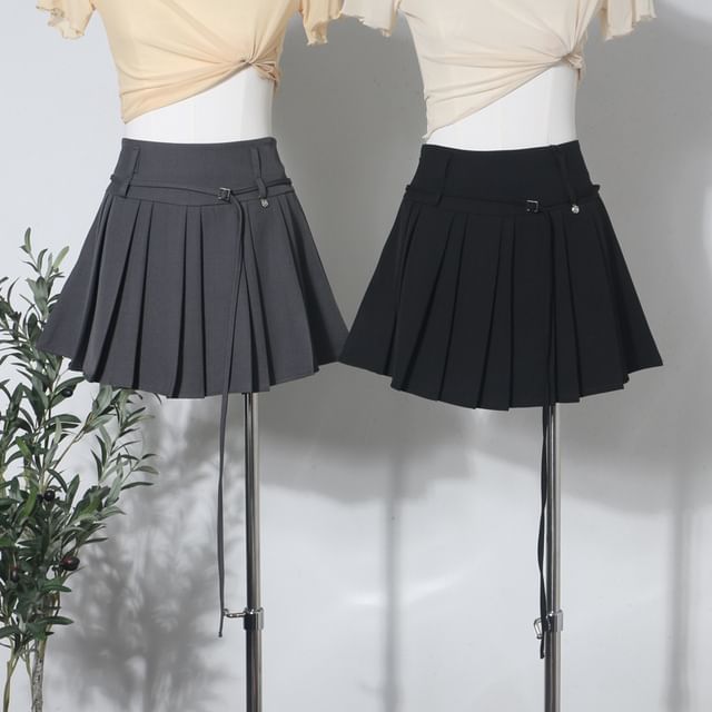 Allinya-High Rise Plain Belted Mini Pleated Skirt