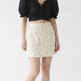 Allinya-High Waist Plain Sequin Mesh Mini A-Line Skirt