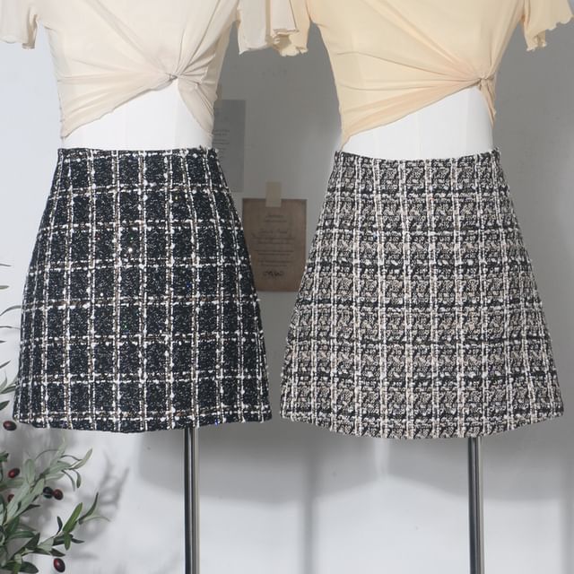 Allinya-High Waist Tweed Mini A-Line Skirt