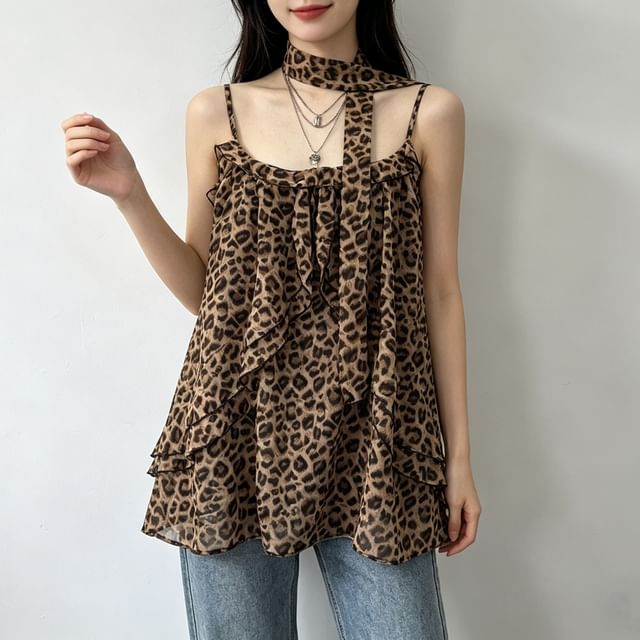 Allinya-Leopard Print Ruffle Camisole Top