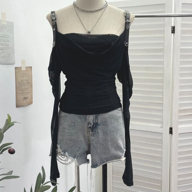 Allinya-Long-Sleeve Buckled Plaid Top