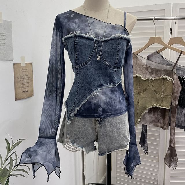 Allinya-Long-Sleeve Cold Shoulder Denim Panel Top