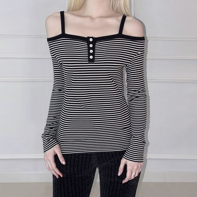 Allinya-Long Sleeve Cold Shoulder Striped Button Top