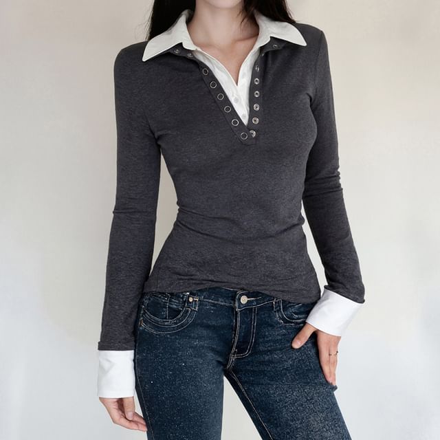 Allinya-Long Sleeve Collared Mock Two Piece Button Top