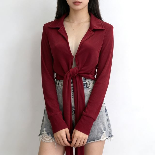 Allinya-Long-Sleeve Collared Plain Tie Waist Shirt