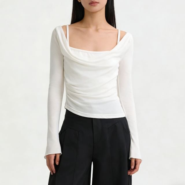 Allinya-Long Sleeve Cowl Neck Plain Ruched Crop Tee