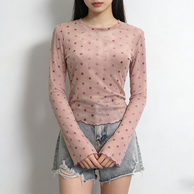 Allinya-Long-Sleeve Crew Neck Polka Dot Mesh Crop Top