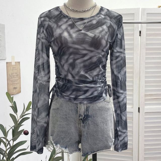 Allinya-Long-Sleeve Crew Neck Tie-Dyed Drawstring Mesh Top