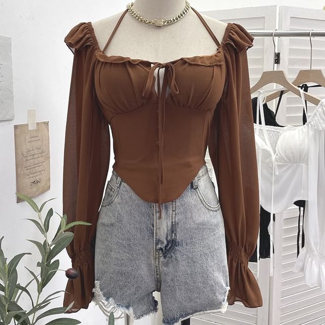 Allinya-Long-Sleeve Halter Neck Zip-Up Plain Crop Top