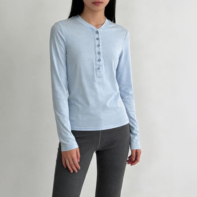 Allinya-Long-Sleeve Henley Neck Plain T-Shirt