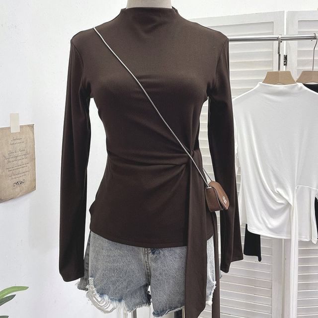 Allinya-Long-Sleeve High Neck Plain Tie-Side T-Shirt