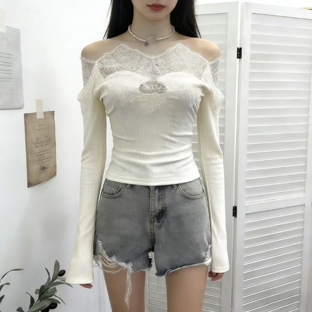 Allinya-Long-Sleeve Off-Shoulder Lace Panel Slim Fit Top