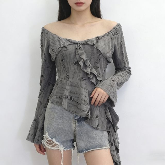 Allinya-Long Sleeve Off Shoulder Plain Distressed Asymmetrical Ruffle Top