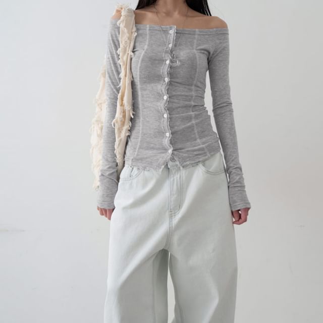 Allinya-Long-Sleeve Off Shoulder Plain Lace Trim Button Up Top