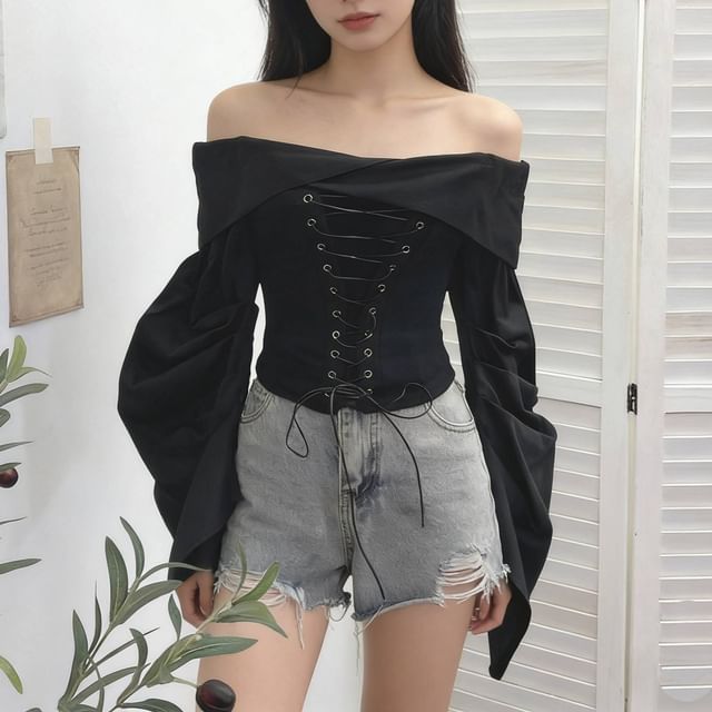 Allinya-Long-Sleeve Off-Shoulder Ruched Lace-Up Crop Top