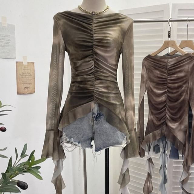 Allinya-Long-Sleeve Off Shoulder Tie Dye Crop Top