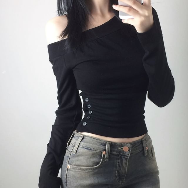 Allinya-Long-Sleeve One-Shoulder Plain Buttoned Tee