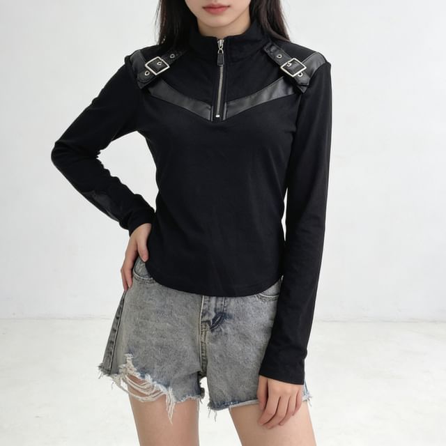 Allinya-Long-Sleeve Plain Buckled Half-Zip Polo Shirt