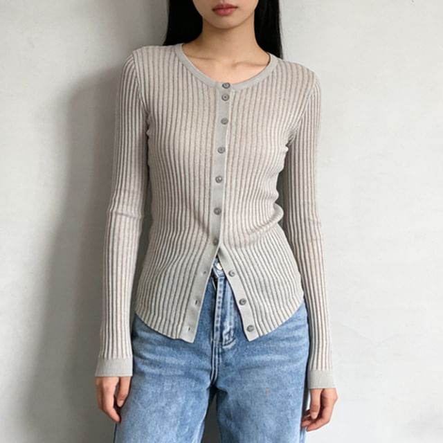 Allinya-Long-Sleeve Round Neck Plain Button Up Ribbed Knit Top