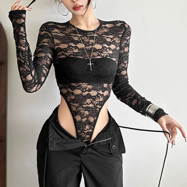 Allinya-Long Sleeve Round Neck Plain Lace Bodysuit Top