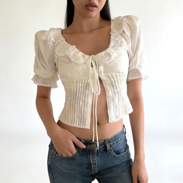Allinya-Long-Sleeve Scoop Neck Plain Pleated Blouse