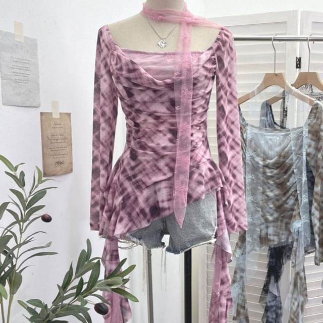Allinya-Long-Sleeve Square Neck Plaid Asymmetrical Top