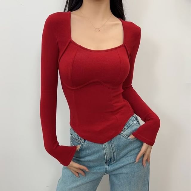 Allinya-Long-Sleeve Square Neck Plain T-Shirt