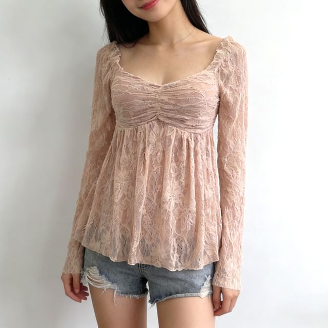 Allinya-Long-Sleeve Square Neck Ruched Padded Lace Top