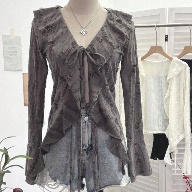 Allinya-Long-Sleeve V-Neck Plain Distressed Ruffled Blouse