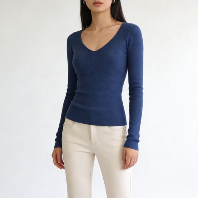 Allinya-Long-Sleeve V-Neck Plain Knit Top