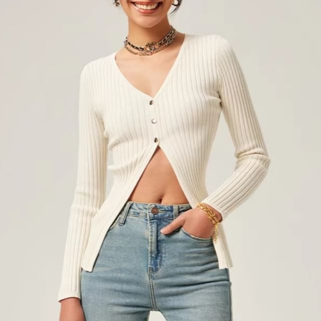 Allinya-Long-Sleeve V-Neck Plain Ribbed Slit Knit Top
