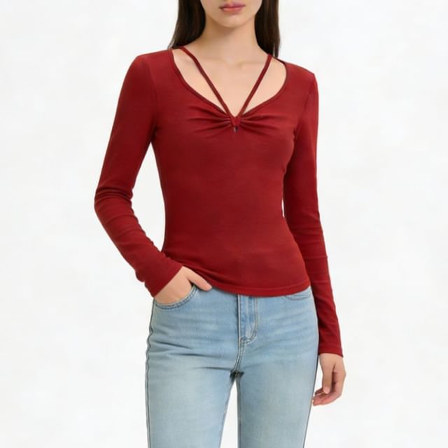 Allinya-Long-Sleeve V-Neck Plain Ruched Tee