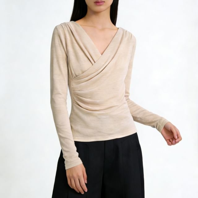 Allinya-Long-Sleeve V-Neck Plain Wrap Tee