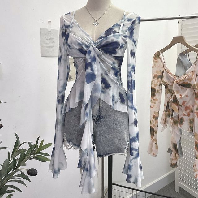Allinya-Long-Sleeve V-Neck Tie-Dyed Asymmetrical Ruffled Top