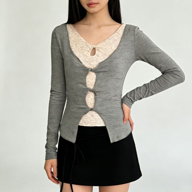 Allinya-Long-Sleeve V-Neck Two Tone Mock Two Piece Top