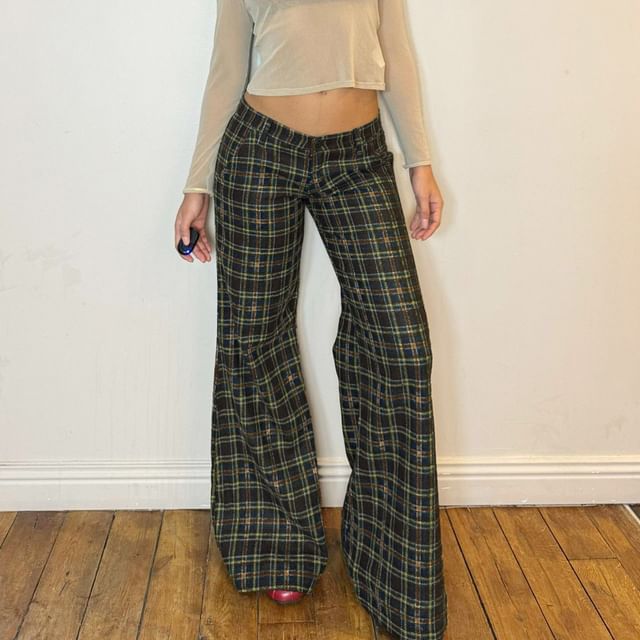 Allinya-Low Rise Plaid Flared Pants