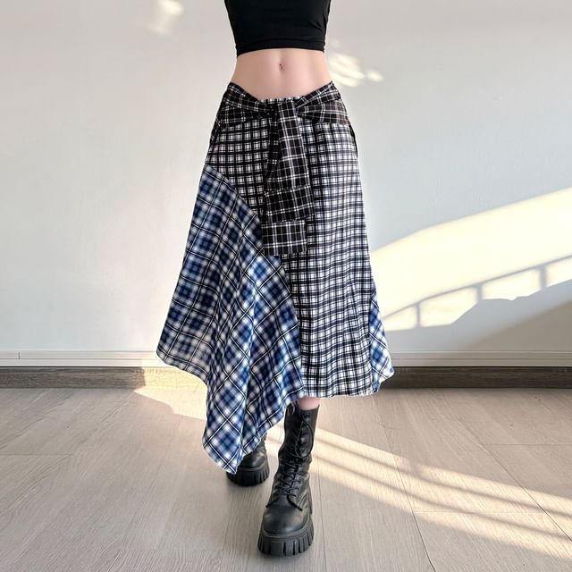 Allinya-Low Rise Plaid Patchwork Asymmetrical Midi A-Line Skirt