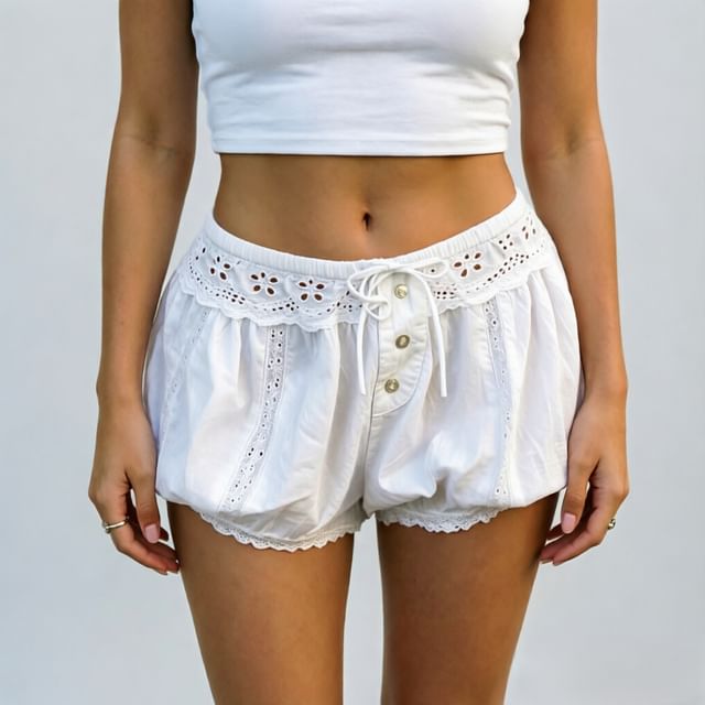 Allinya-Low Waist Perforated Panel Plain Hot Pants