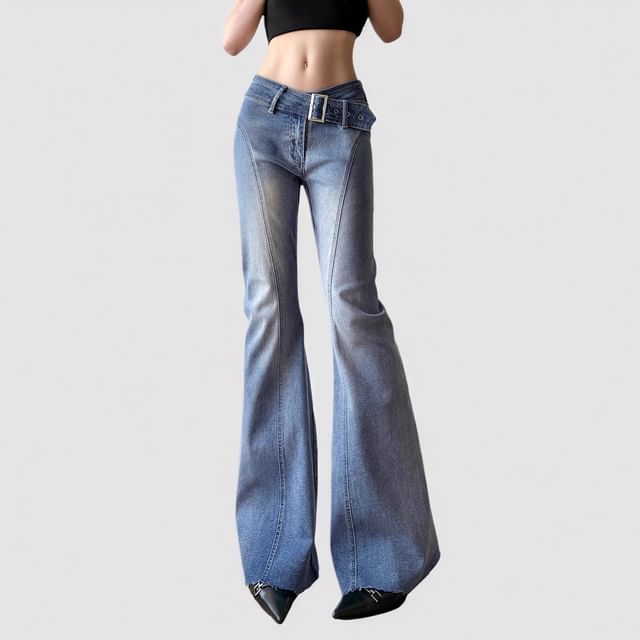 Allinya-Low Waist Washed Belted Flared Jeans