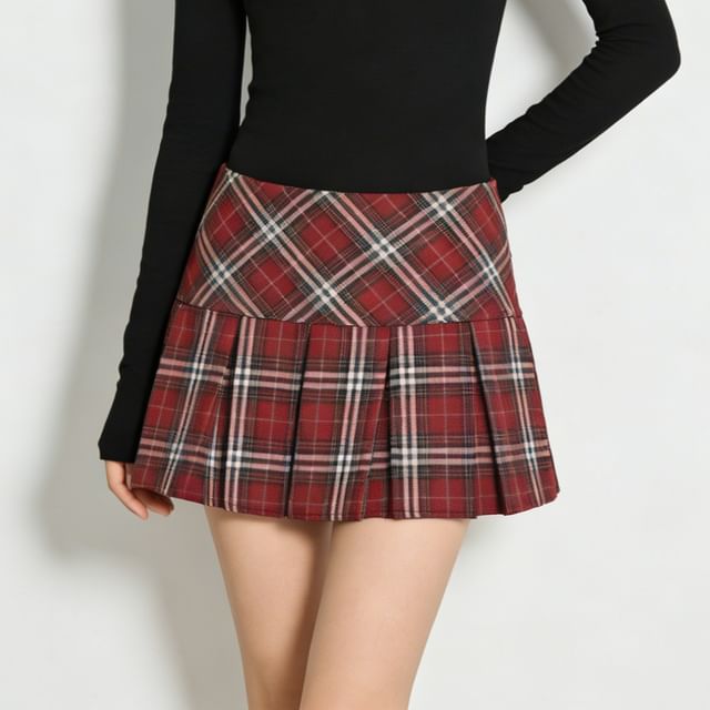 Allinya-Mid Rise Plaid Mini Pleated Skirt