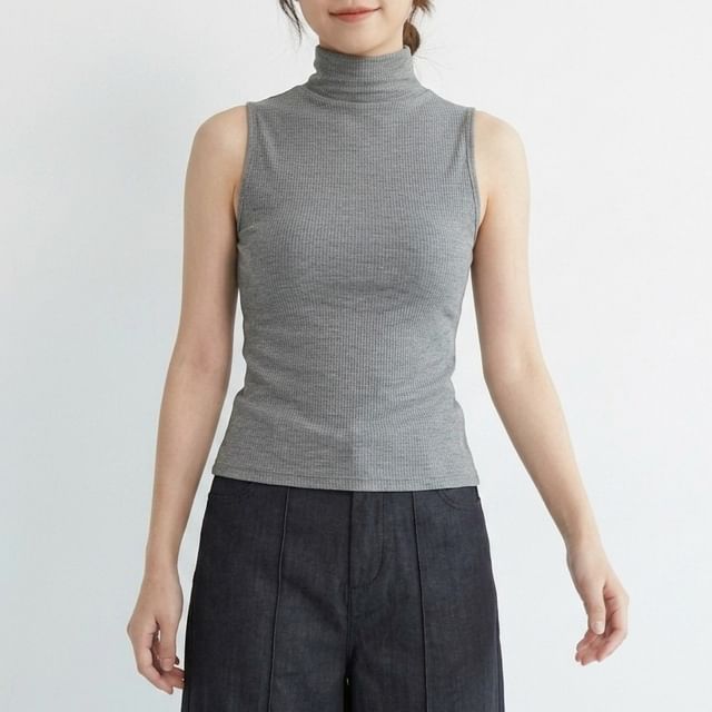 Allinya-Mock Neck Plain Cutout Back Slim Fit Tank Top
